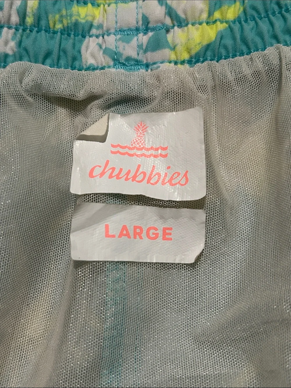 CHUBBIES Swim Trunks • bright teal w/ neon yellow & white Pineapple print SZ: L